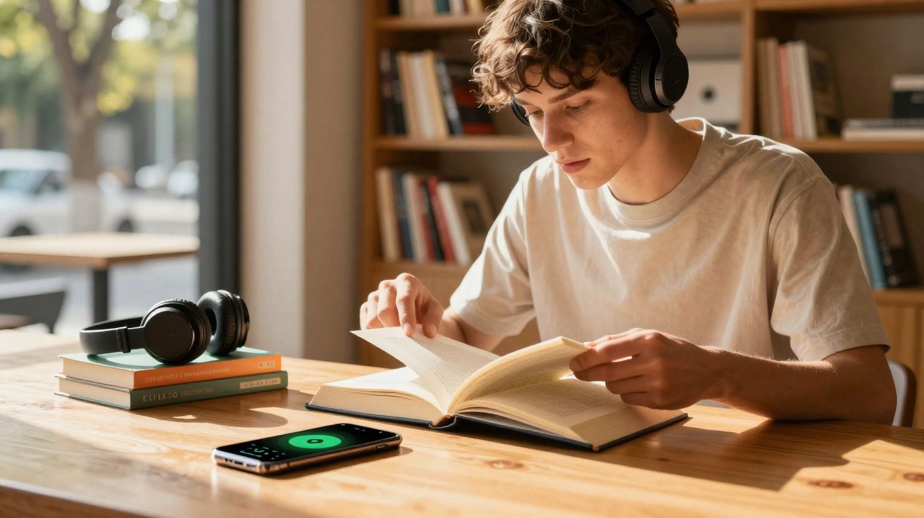 Jovem com fones de ouvido lendo um livro em mesa de madeira com livros e celular ao redor.