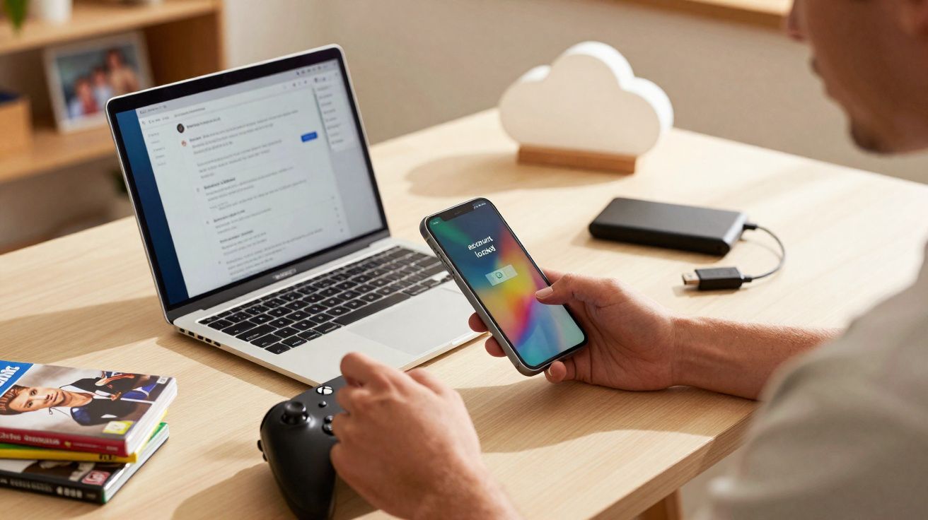 Pessoa segurando smartphone com tela de erro, à frente de notebook aberto em mesa com controle e livros.