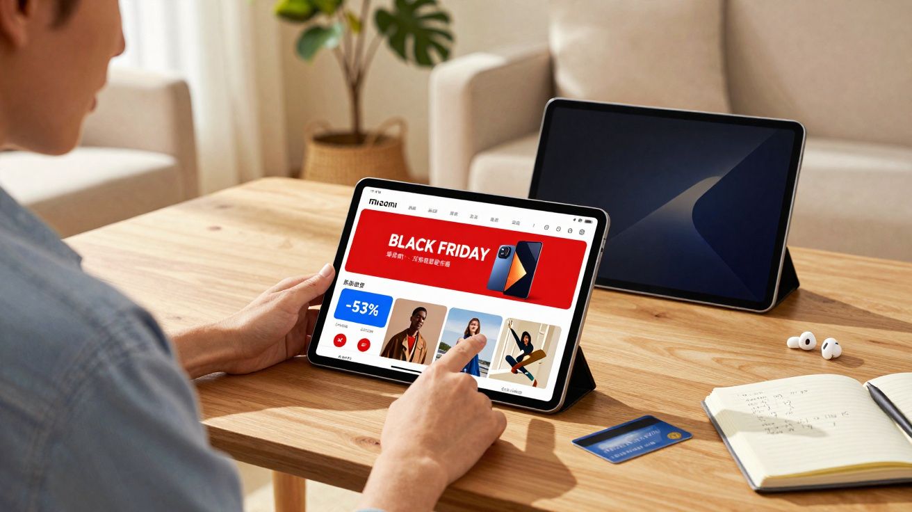 Pessoa navegando em ofertas de Black Friday em tablet sobre mesa com cartão de crédito e notebook.