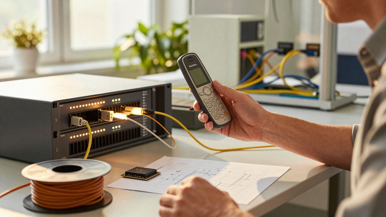 Pessoa segurando telefone ao lado de equipamento de rede com cabos conectados em mesa de trabalho.