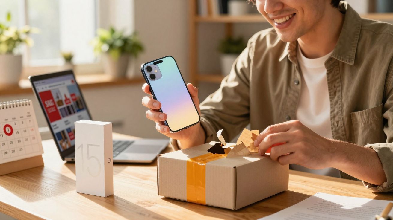 Jovem sorrindo desempacotando novo celular ao lado de laptop e calendário em mesa iluminada.