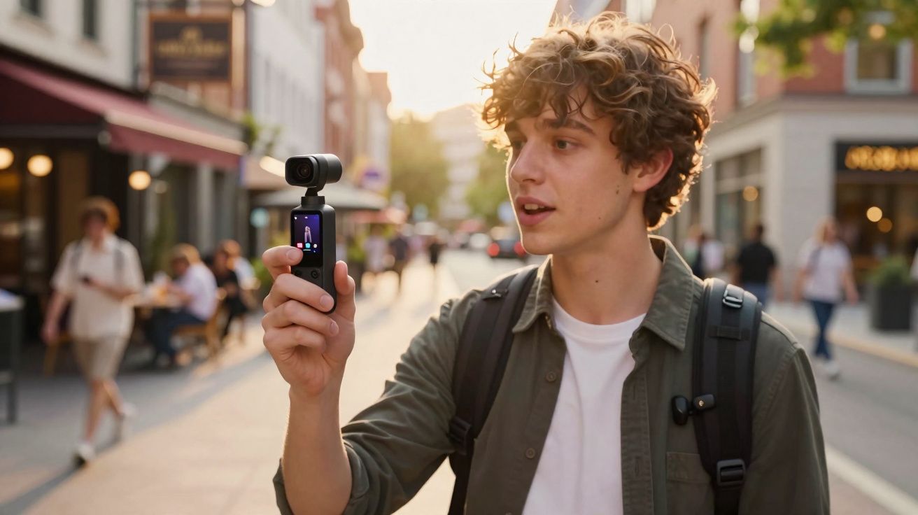 Jovem com mochila grava vídeo em câmera portátil em rua movimentada ao pôr do sol.