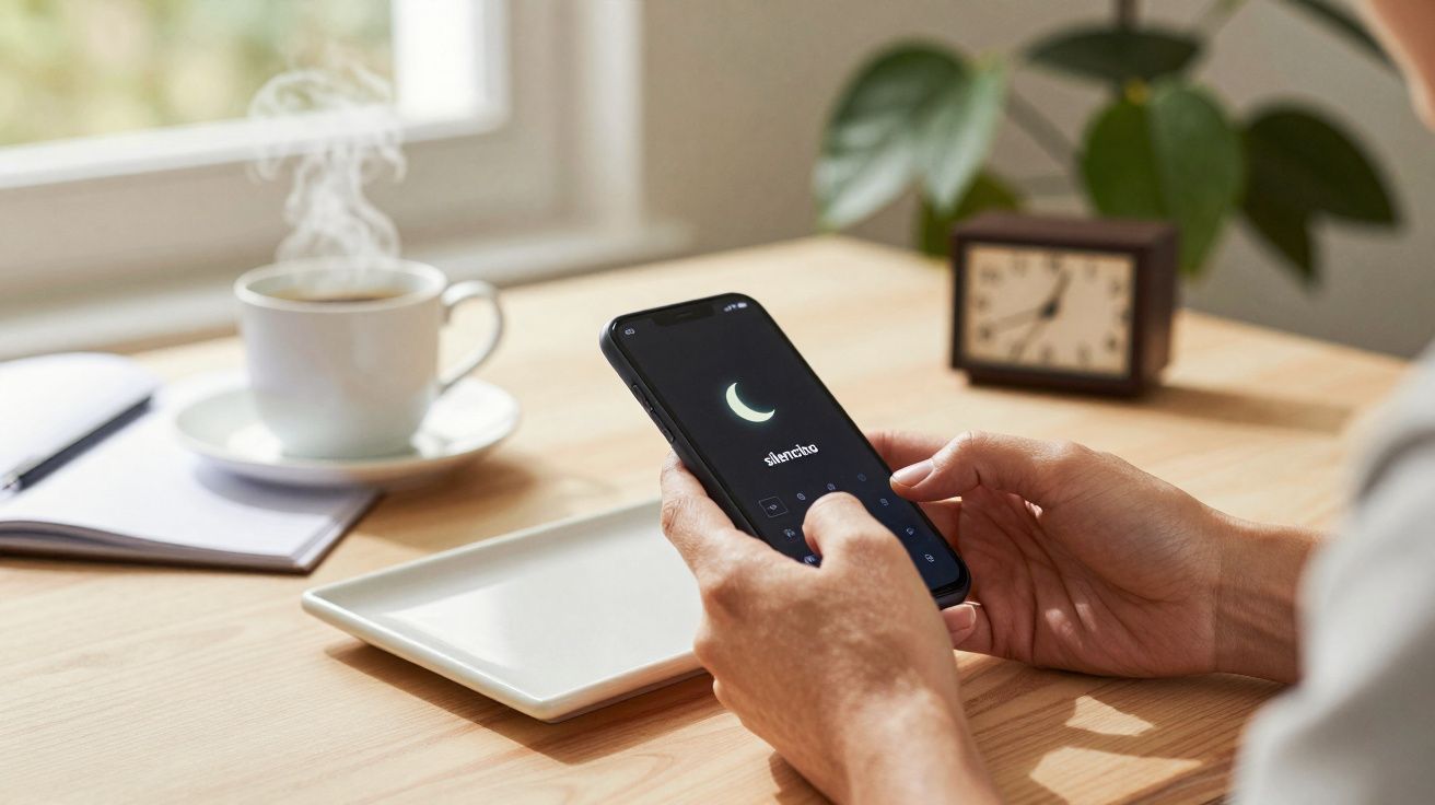 Pessoa segurando smartphone com tela de modo silêncio ativado, xícara de café e relógio sobre mesa de madeira.