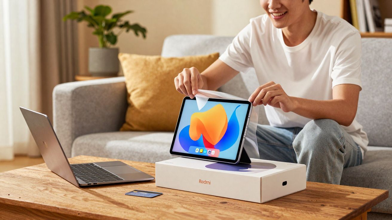 Pessoa removendo a película protetora de um tablet Redmi sobre caixa em mesa com laptop ao lado.