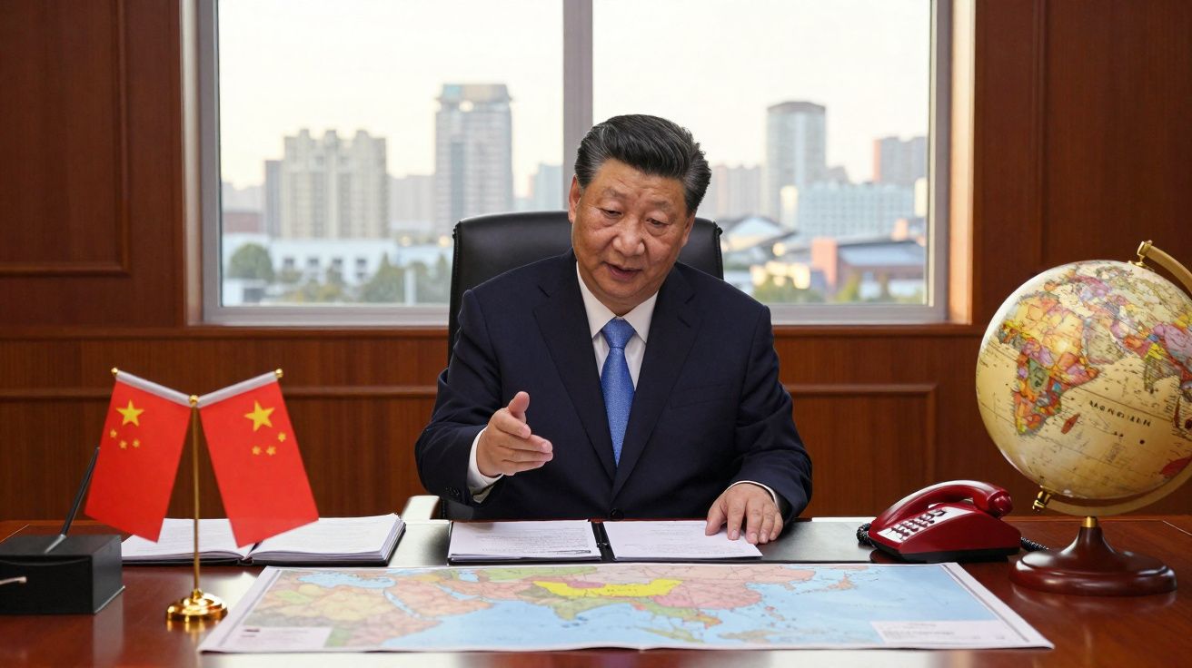 Homem de terno azul sentado à mesa com mapas, globo terrestre e duas bandeiras da China ao fundo.