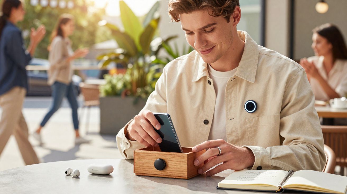 Homem jovem guarda celular em caixa de madeira enquanto está sentado em mesa externa de café com acessórios.
