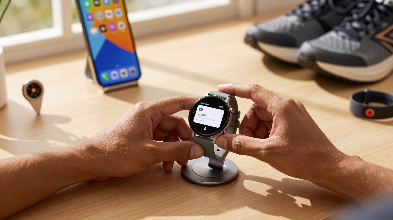 Pessoa ajustando relógio inteligente em suporte, com celular e tênis ao fundo sobre mesa de madeira.