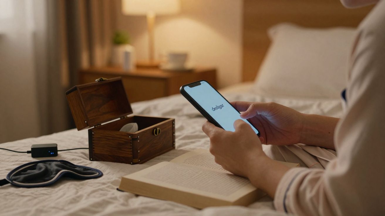Pessoa segurando celular com app de meditação aberto, ao lado livro, caixa de madeira e máscara de dormir na cama.