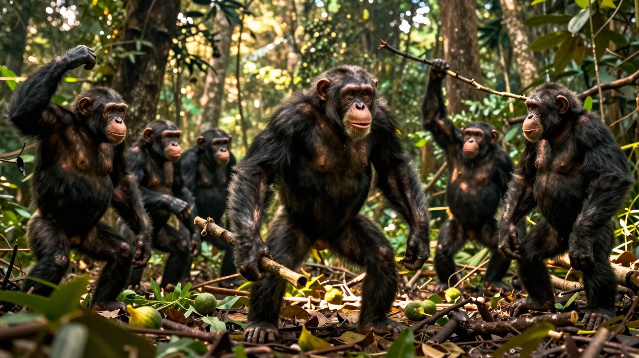 Seis chimpanzés em pé e interagindo em ambiente de floresta densa com folhas secas no chão.