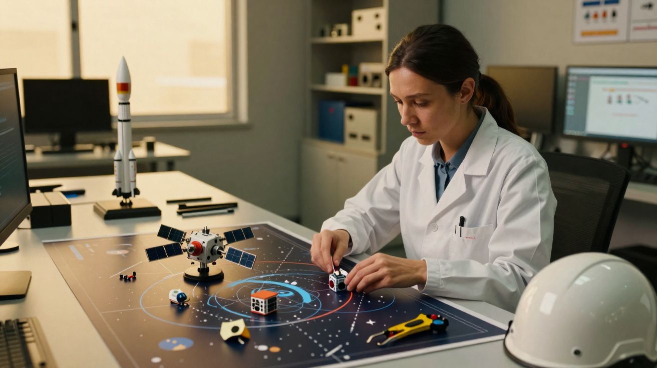 Mulher cientista em jaleco manipulando modelo de satélite em mesa com mapa espacial e foguete.