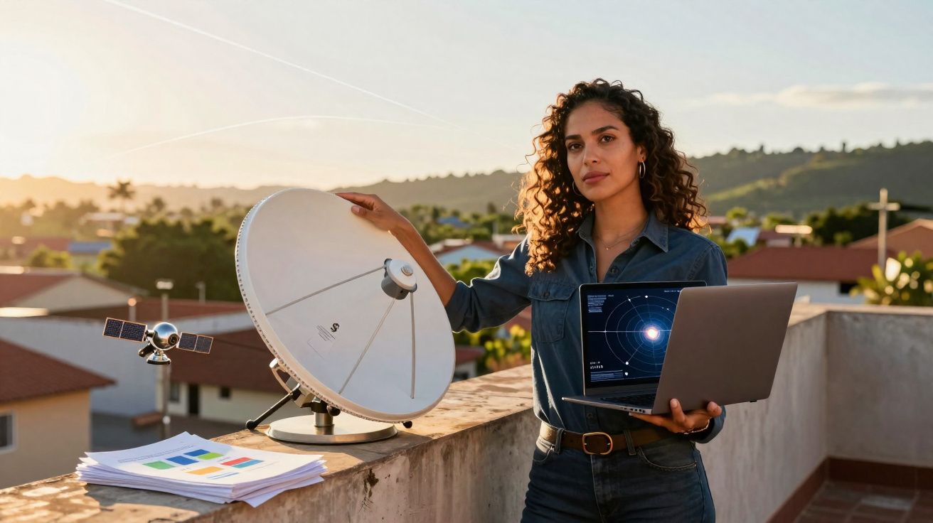 Mulher segura notebook com gráfico espacial ao lado de antena parabólica em cobertura residencial.