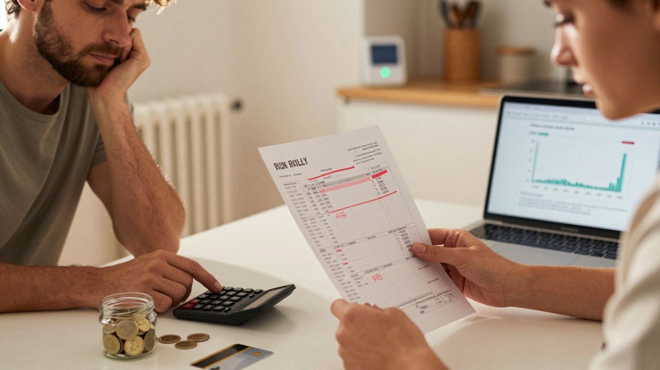 Casal sentado à mesa analisando contas, calculadora, moedas e gráfico no laptop à frente.