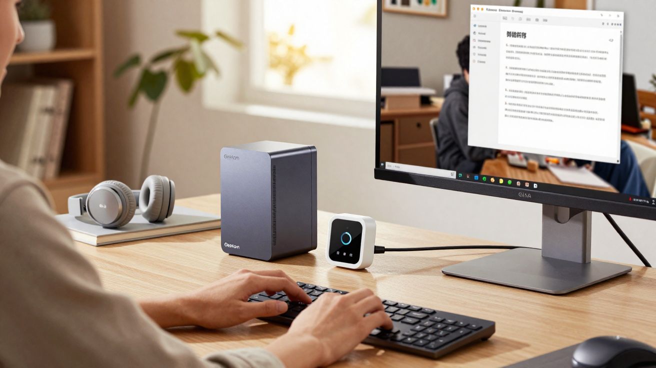 Pessoa digitando em teclado com monitor, fones de ouvido, dispositivo eletrônico e planta ao fundo em mesa de escritório.