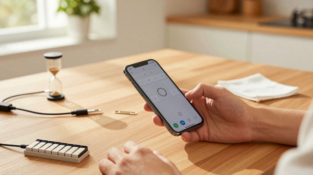 Pessoa segurando celular com app aberto em mesa de madeira com ampulheta e aparelho eletrônico conectado.