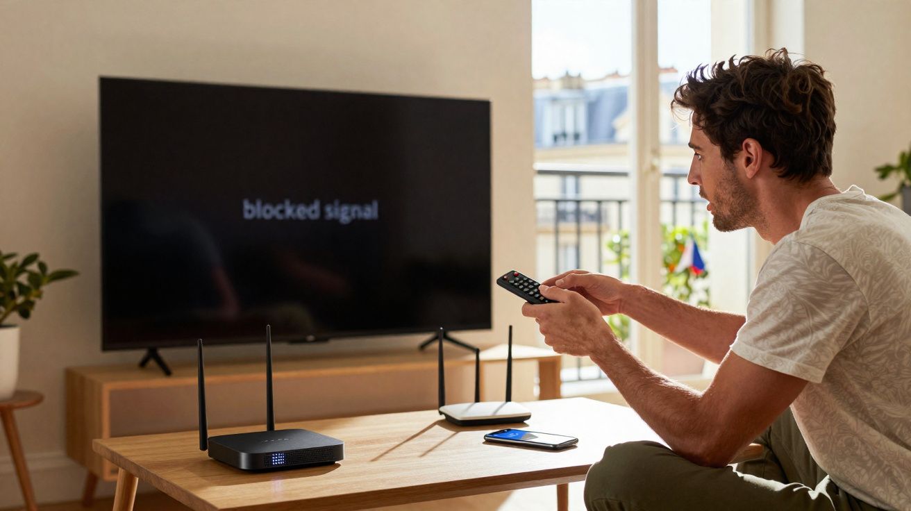 Homem sentado controlando TV com sinal bloqueado, com roteadores e celular sobre mesa.