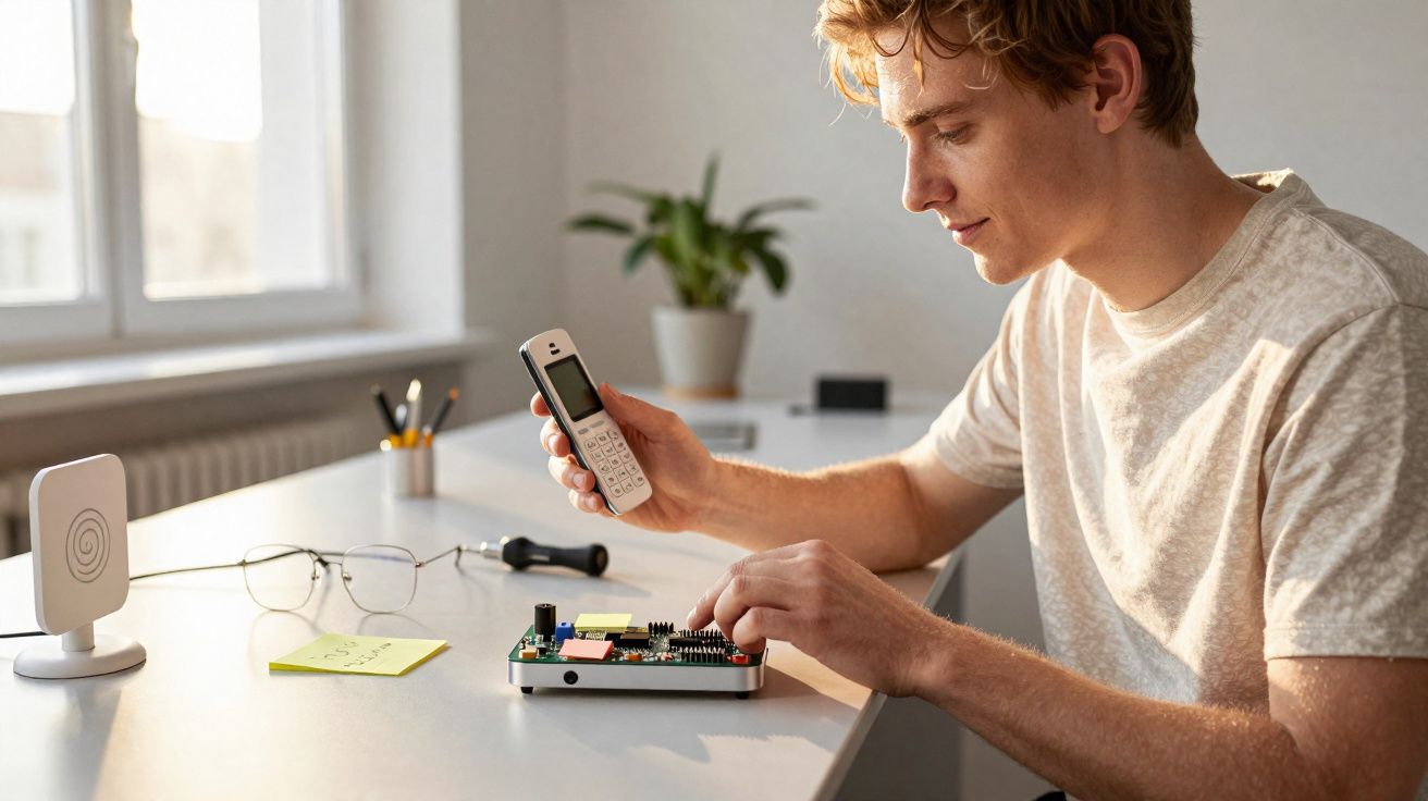 Jovem masculino consertando telefone com componentes eletrônicos em mesa iluminada por luz natural.
