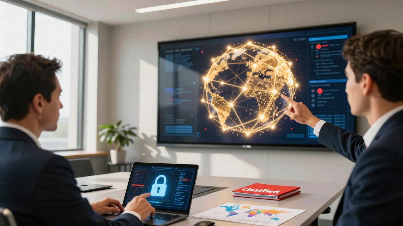 Dois homens em traje formal analisam dados de segurança digital e um globo digital conectado em uma sala de reunião.