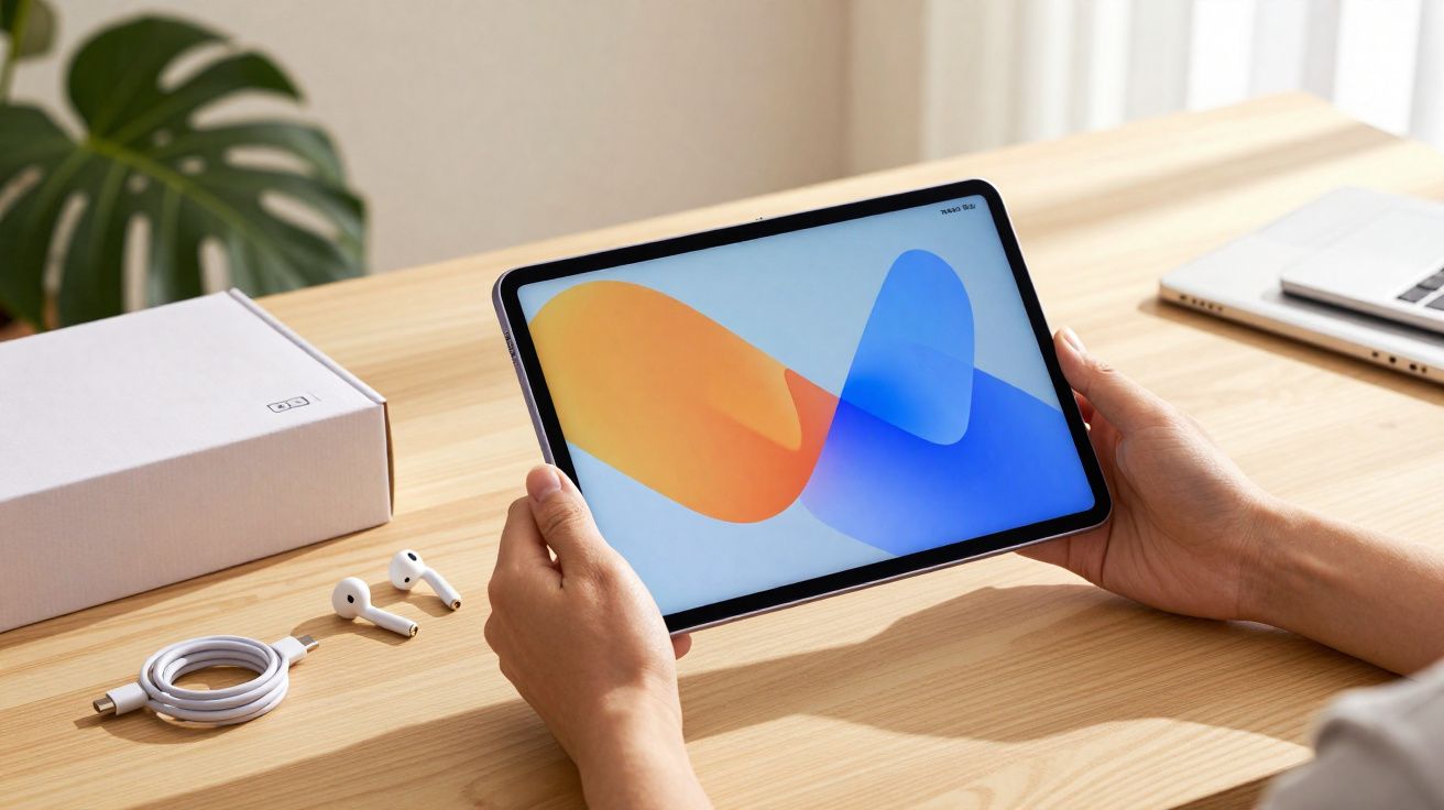 Pessoa segurando tablet com tela colorida sobre mesa de madeira com caixa, fones e cabo branco.