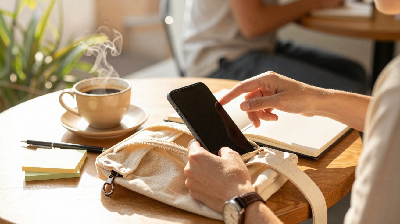 Pessoa usando smartphone em mesa com caderno, caneta, bloco de notas, café fumegante e bolsa clara.