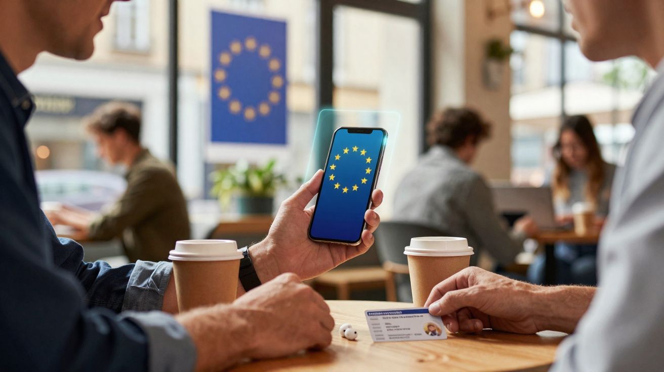 Pessoas segurando smartphone e cartão de identificação com bandeira da União Europeia em café.