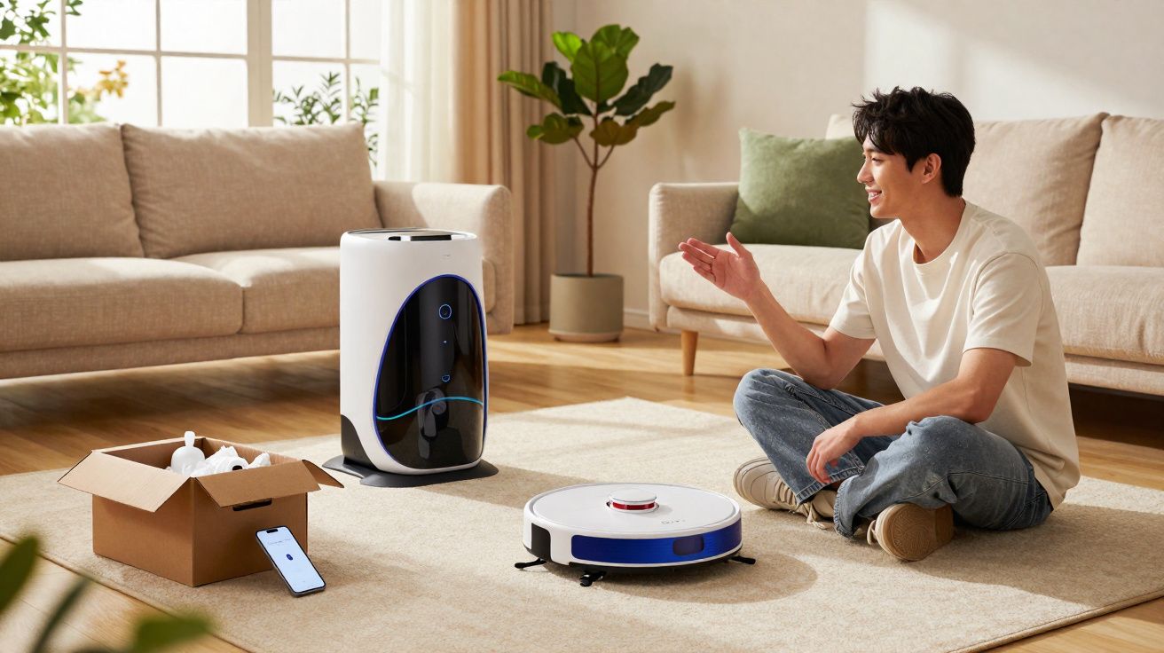 Homem sentado no chão conversa com robô aspirador em sala de estar moderna e iluminada.