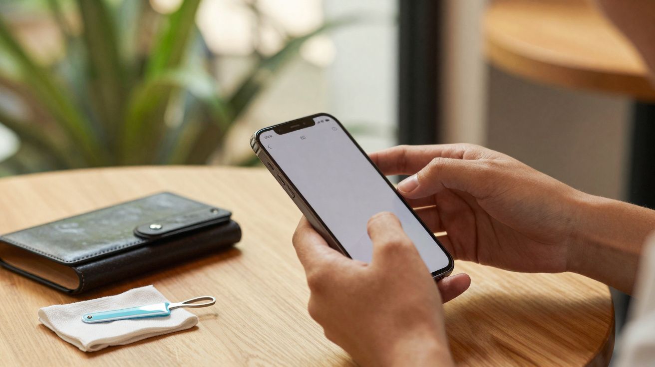 Pessoa usando smartphone com tela branca, carteira preta e máscara sobre mesa de madeira clara.