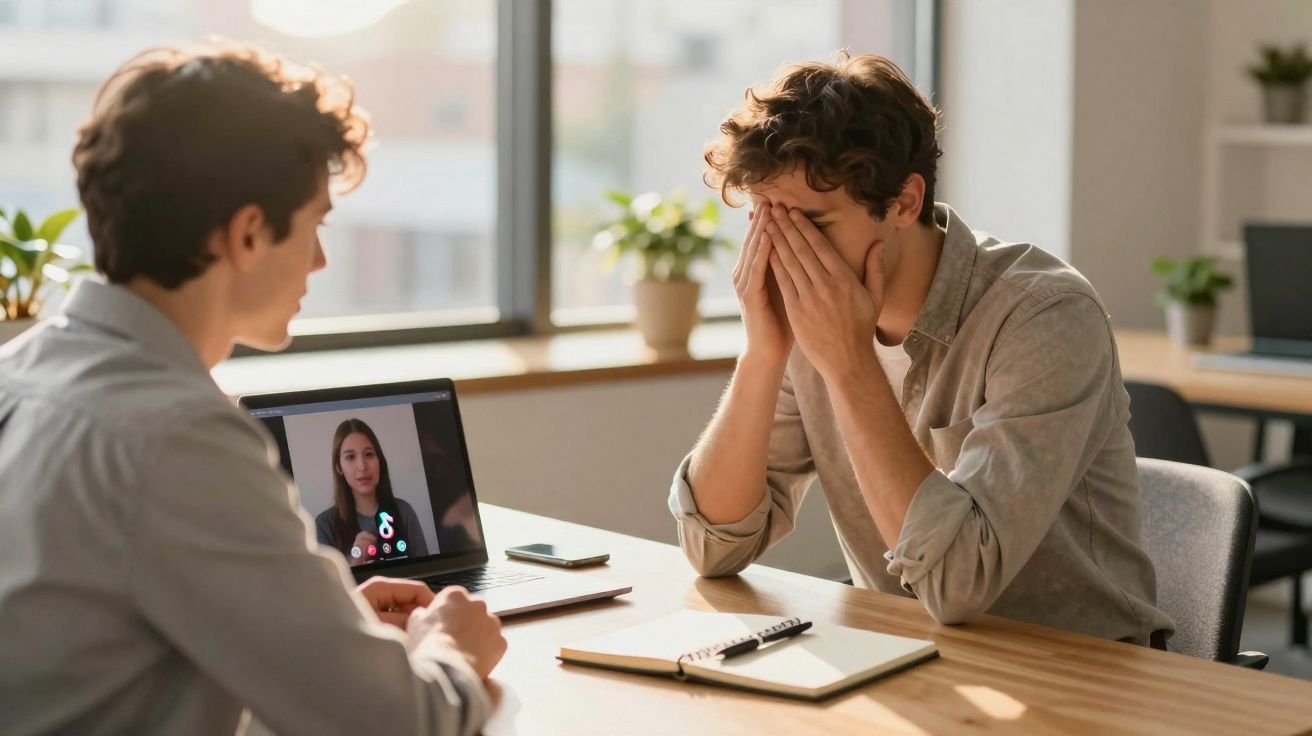 Dois homens em reunião, um cobre o rosto com as mãos e a mulher aparece em chamada de vídeo no laptop.