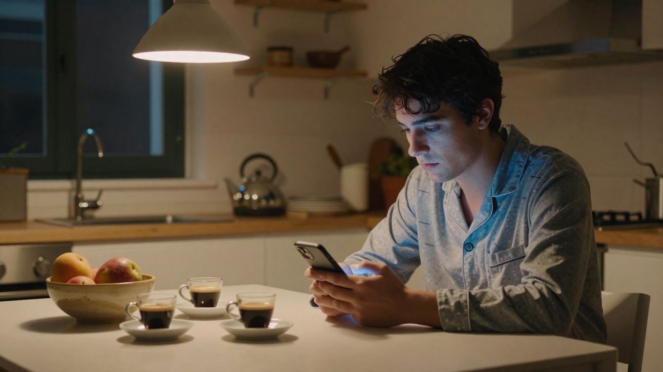 Homem de pijama sentado à mesa da cozinha à noite, mexendo no celular, com três xícaras de café à sua frente.
