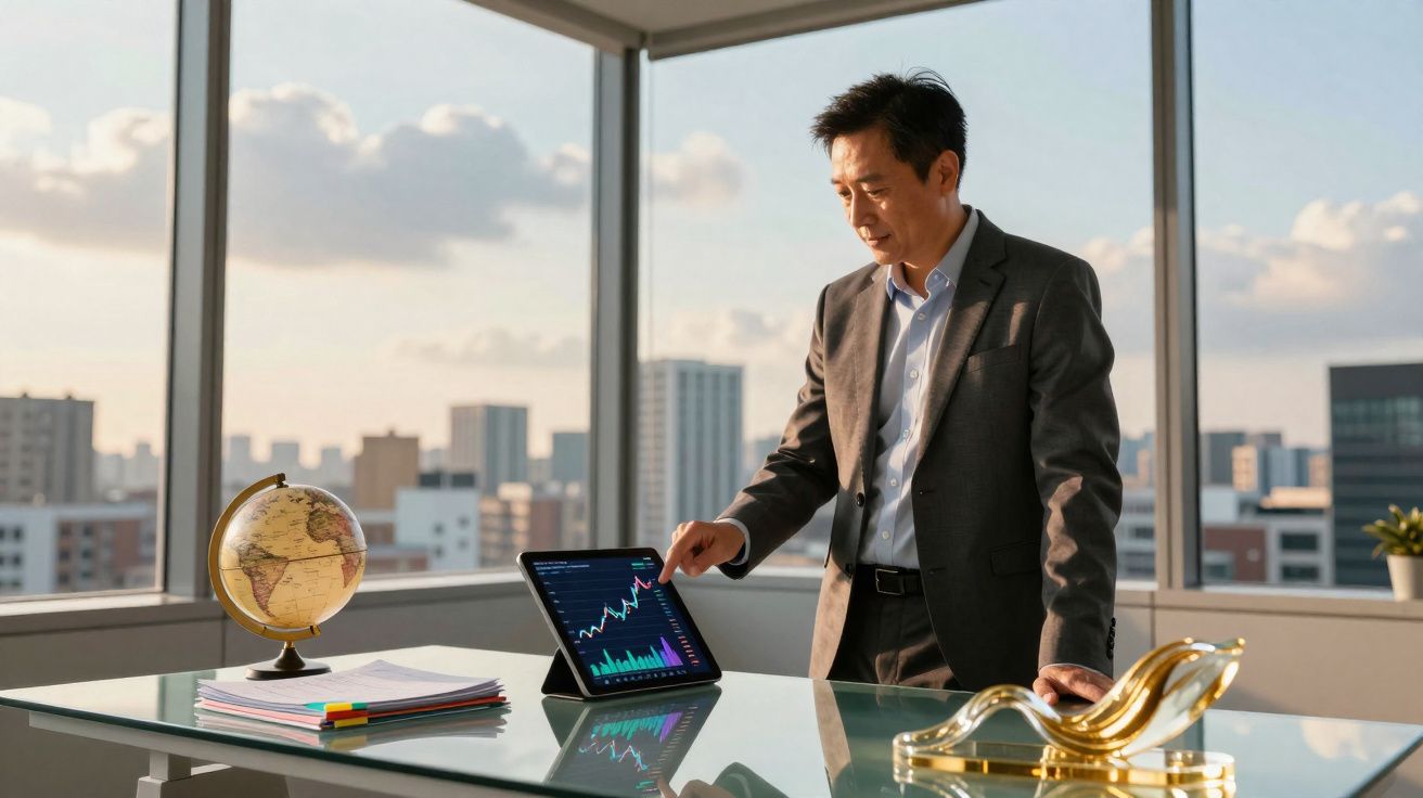 Homem de terno em escritório moderno aponta gráfico financeiro em tablet sobre mesa de vidro.