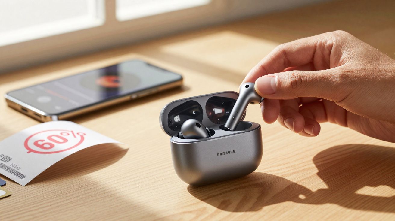 Pessoa segurando fone de ouvido Samsung Galaxy Buds 2 Pro perto de smartphone e desconto de 60% em papel.