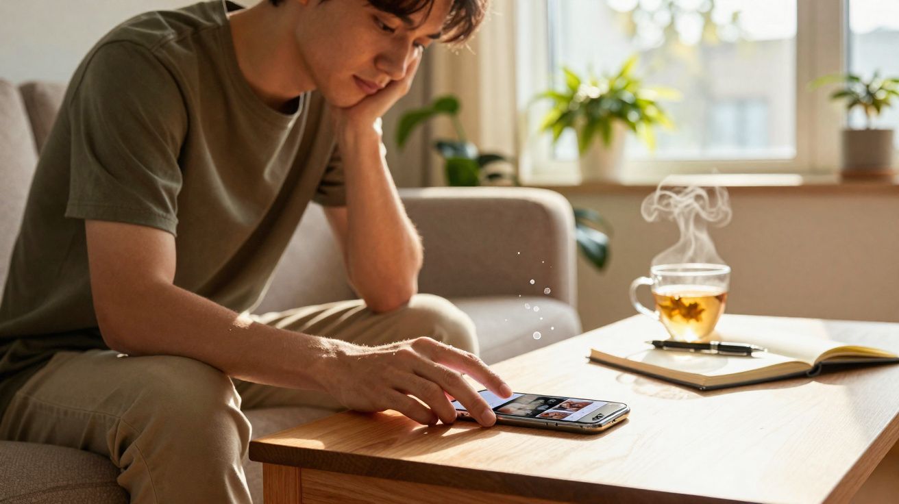 Jovem sentado no sofá usando celular em mesa de madeira com chá quente e livro ao fundo.