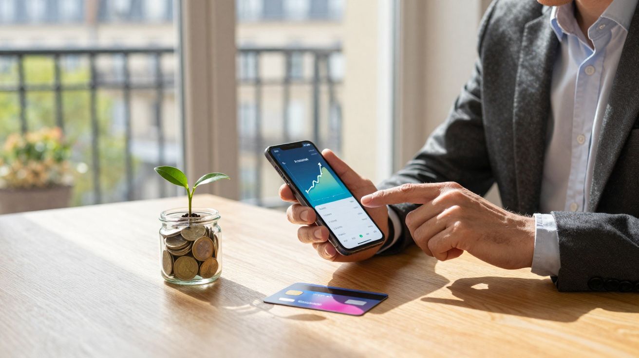 Pessoa segurando celular com gráfico de crescimento, cartão de crédito e pote com moedas e planta sobre mesa.