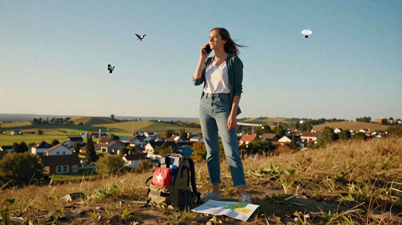 Mulher de pé em campo aberto usando celular, ao lado mochila com kit de primeiros socorros e mapa no chão.