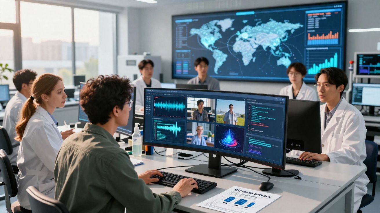 Equipe de cientistas e técnicos analisando dados em computadores e telas com gráficos e mapas mundiais