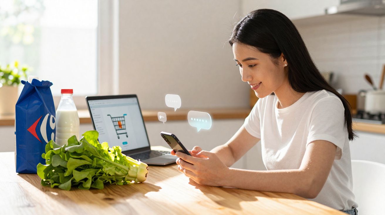 Mulher usando smartphone sentada à mesa com laptop, verduras e produtos de supermercado ao lado.