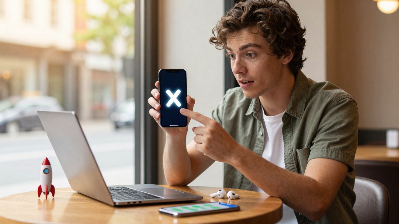 Jovem sentado em mesa apontando para tela de celular com símbolo de X ao lado de laptop e fones de ouvido.