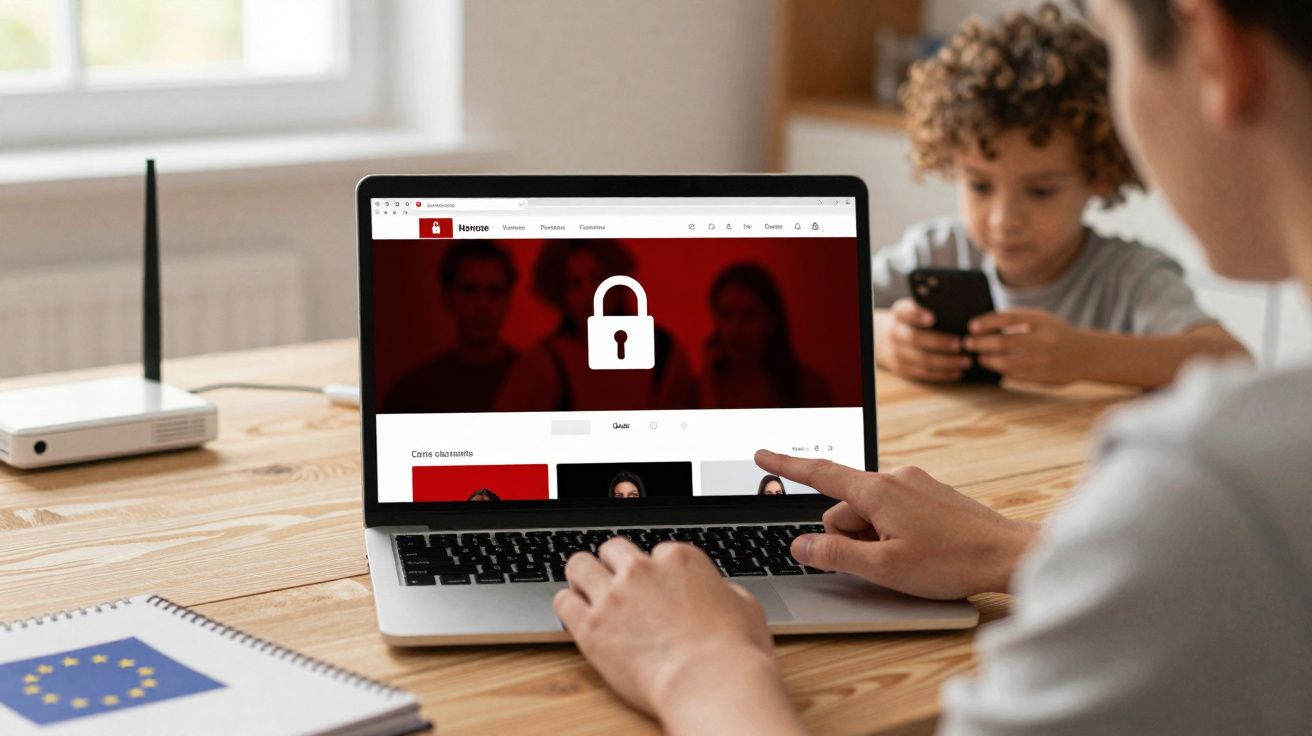 Pessoa usando laptop com tela mostrando ícone de cadeado e criança ao fundo usando celular.