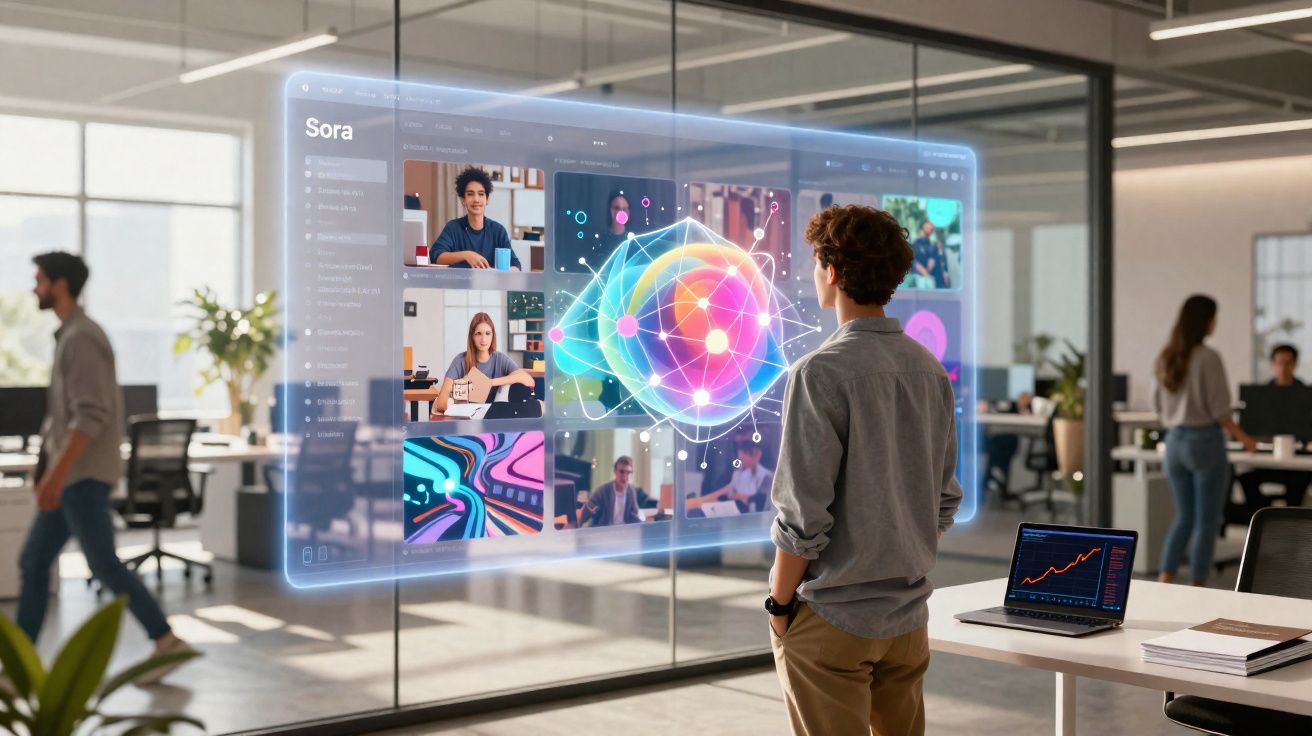 Jovem em escritório moderno interage com tela holográfica mostrando reunião virtual e gráficos digitais.