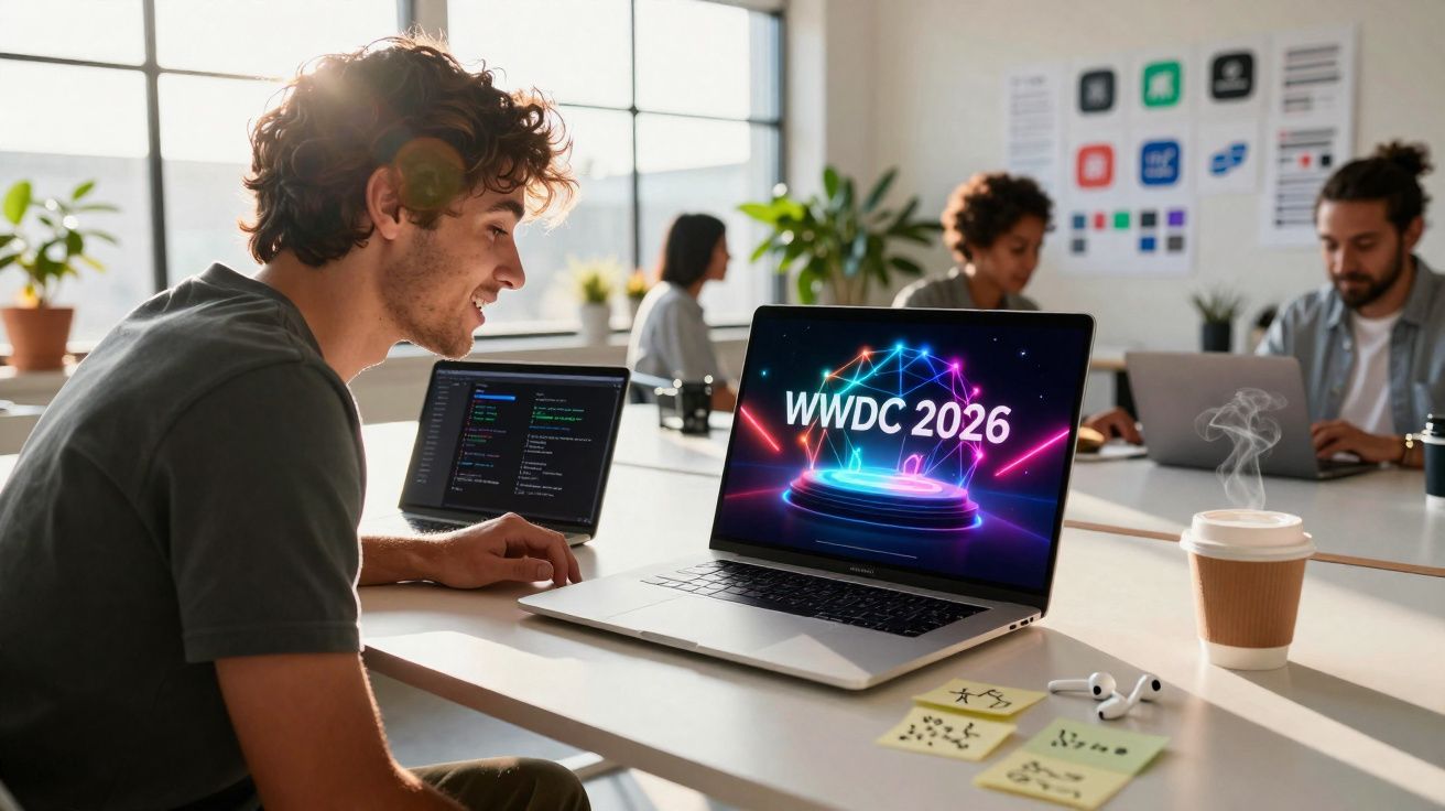 Jovem sorrindo usando laptop com tela exibindo WWDC 2026 em escritório moderno e iluminado.