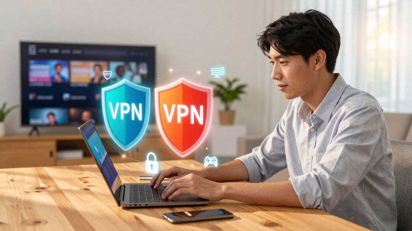 Homem usando laptop em mesa de madeira com ícones de escudo VPN flutuando na frente.