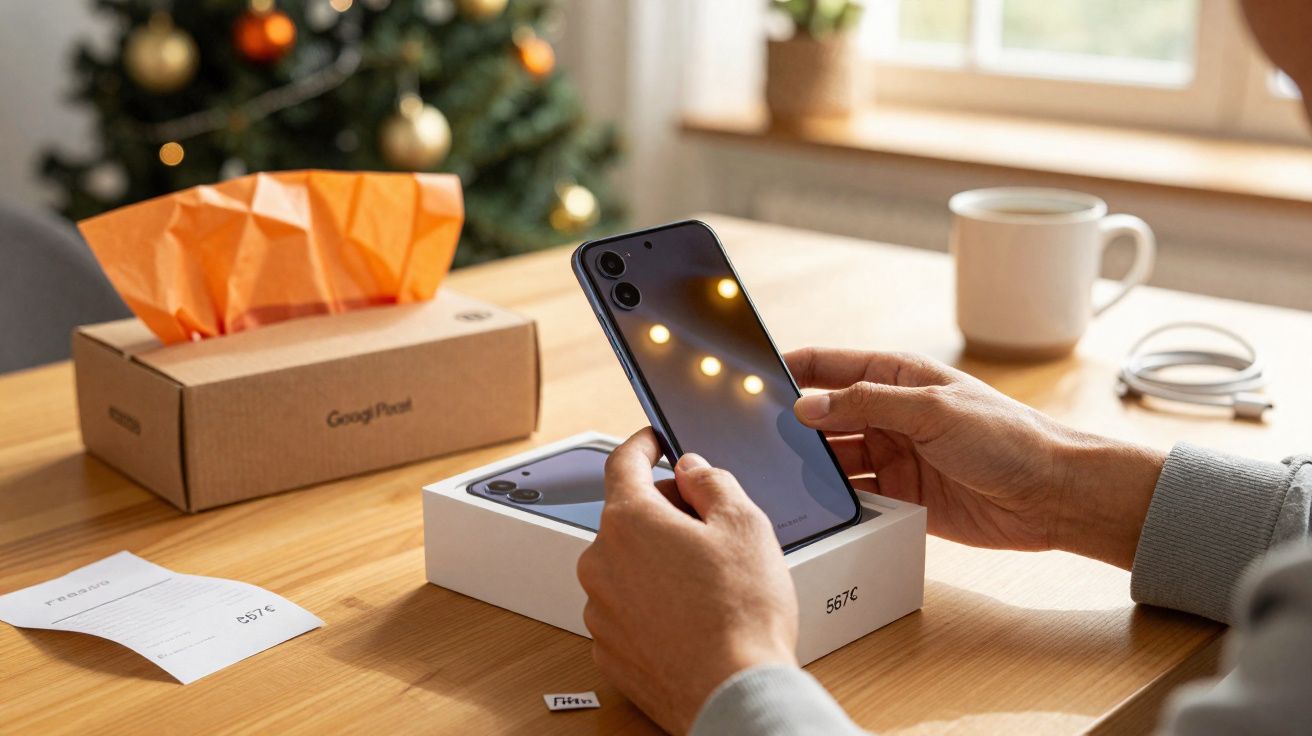 Pessoa segurando smartphone novo preto acima da caixa com árvore de Natal ao fundo em ambiente iluminado