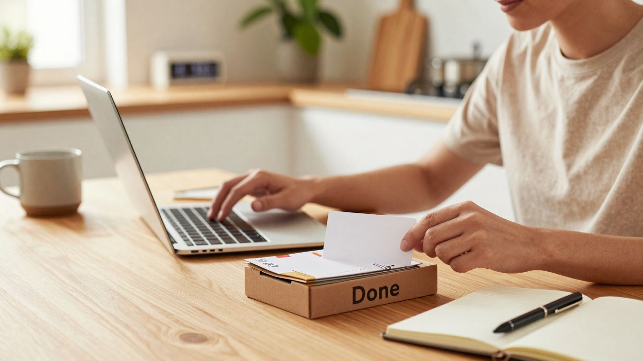 Pessoa utilizando laptop e organizando cartões em caixa "Done" sobre mesa de madeira na cozinha.