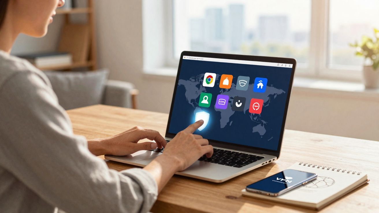Pessoa usando laptop em mesa de madeira, interagindo com ícones coloridos em tela com mapa mundi.