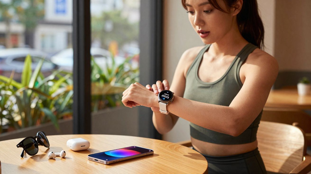 Mulher em roupa esportiva verificando smartwatch em mesa com celular, fones e óculos de sol perto da janela.