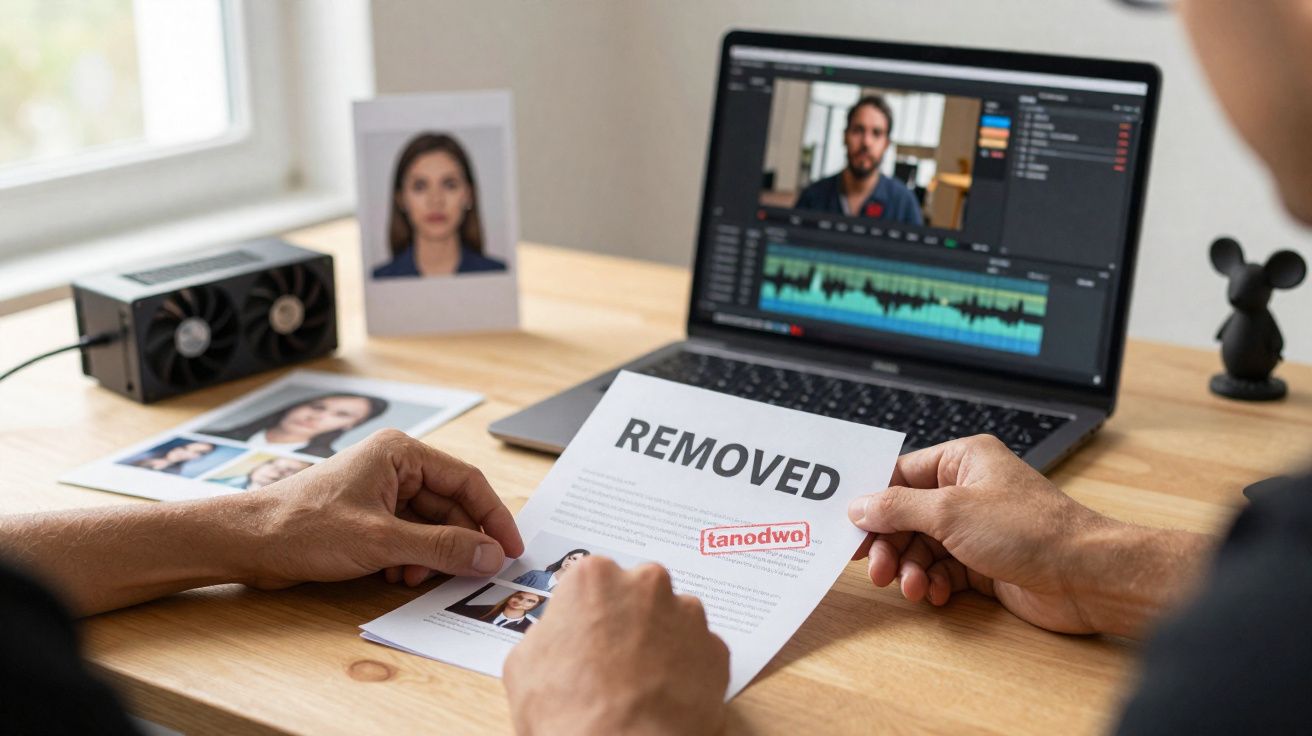 Pessoa segurando documentos de identificação com a palavra "REMOVED" e laptop com edição de vídeo na mesa.