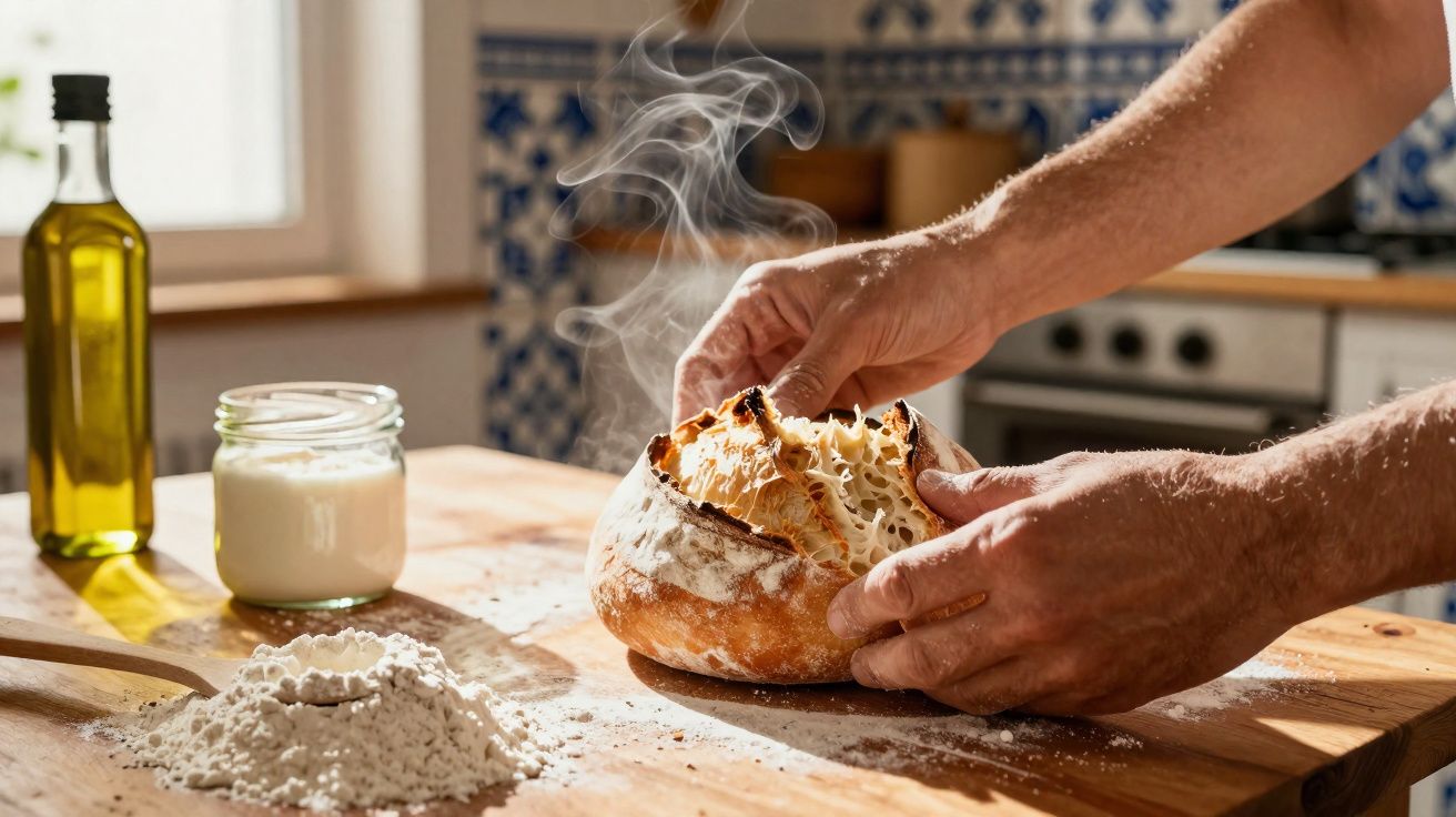 Mãos segurando pão quente recém-assado com vapor, ao lado de farinha, pote de vidro e garrafa de azeite.