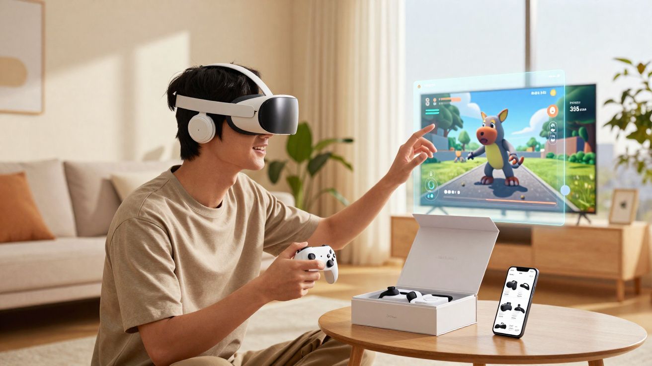 Jovem usando óculos de realidade virtual e controle, interagindo com jogo projetado holográfico em sala.