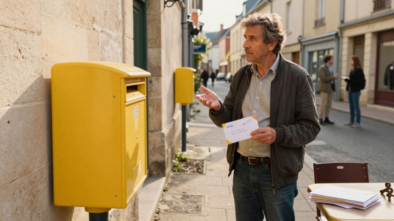 Homem entregando carta em caixa postal amarela na rua de cidade pequena.