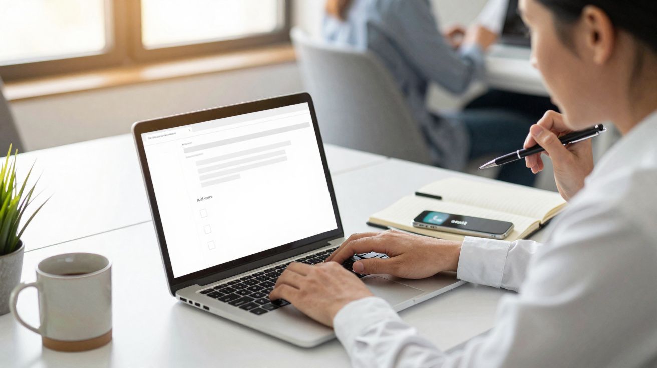 Pessoa digitando em notebook em mesa com caneca, planta, caderno e celular com outra pessoa ao fundo.