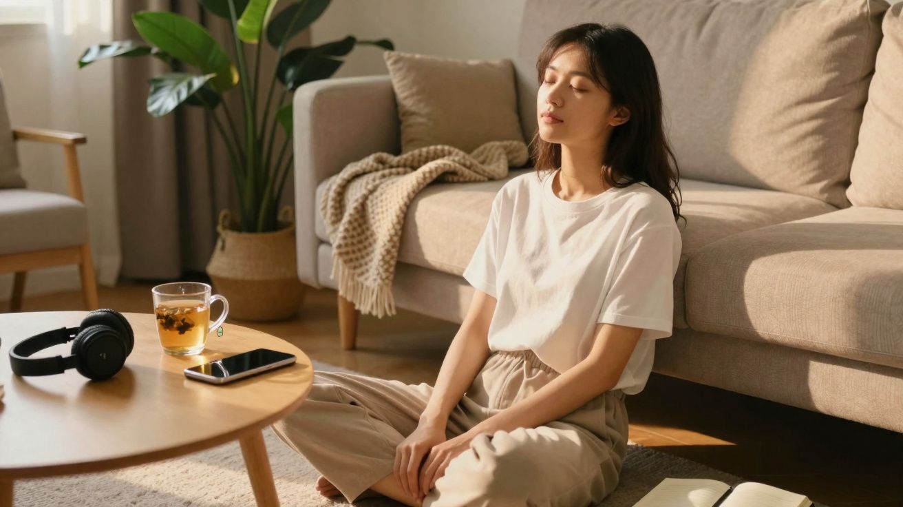 Mulher sentada no chão da sala, com os olhos fechados, relaxando perto do sofá em ambiente iluminado.